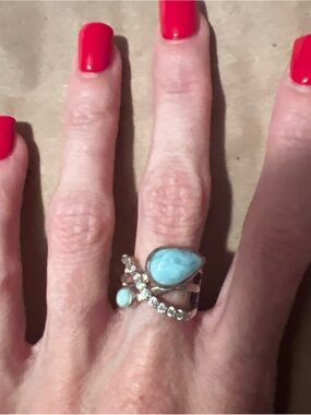 Blue Teardrop Larimar Cocktail Ring with CZ highlights .925 Silver Size 6